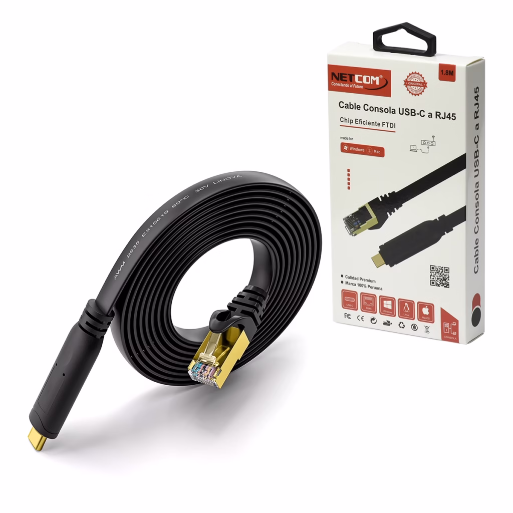 Cable Consola USB C a RJ FTDI Netcom PE US La Herramienta Esencial para el Administrador de Redes Cable de consola profesional Netcom PE US mostrando el conector USB C en un extremo y el conector RJ en el otro un producto esencial para redes de HD Multimedia PERU SAC