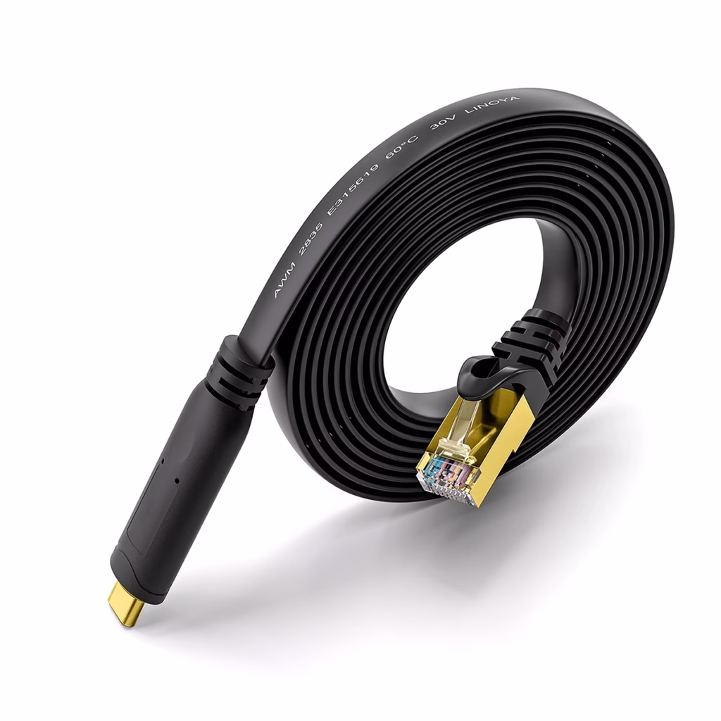Cable Consola USB C a RJ FTDI Netcom PE US La Herramienta Esencial para el Administrador de Redes Cable de consola profesional Netcom PE US mostrando el conector USB C en un extremo y el conector RJ en el otro un producto esencial para redes de HD Multimedia PERU SAC