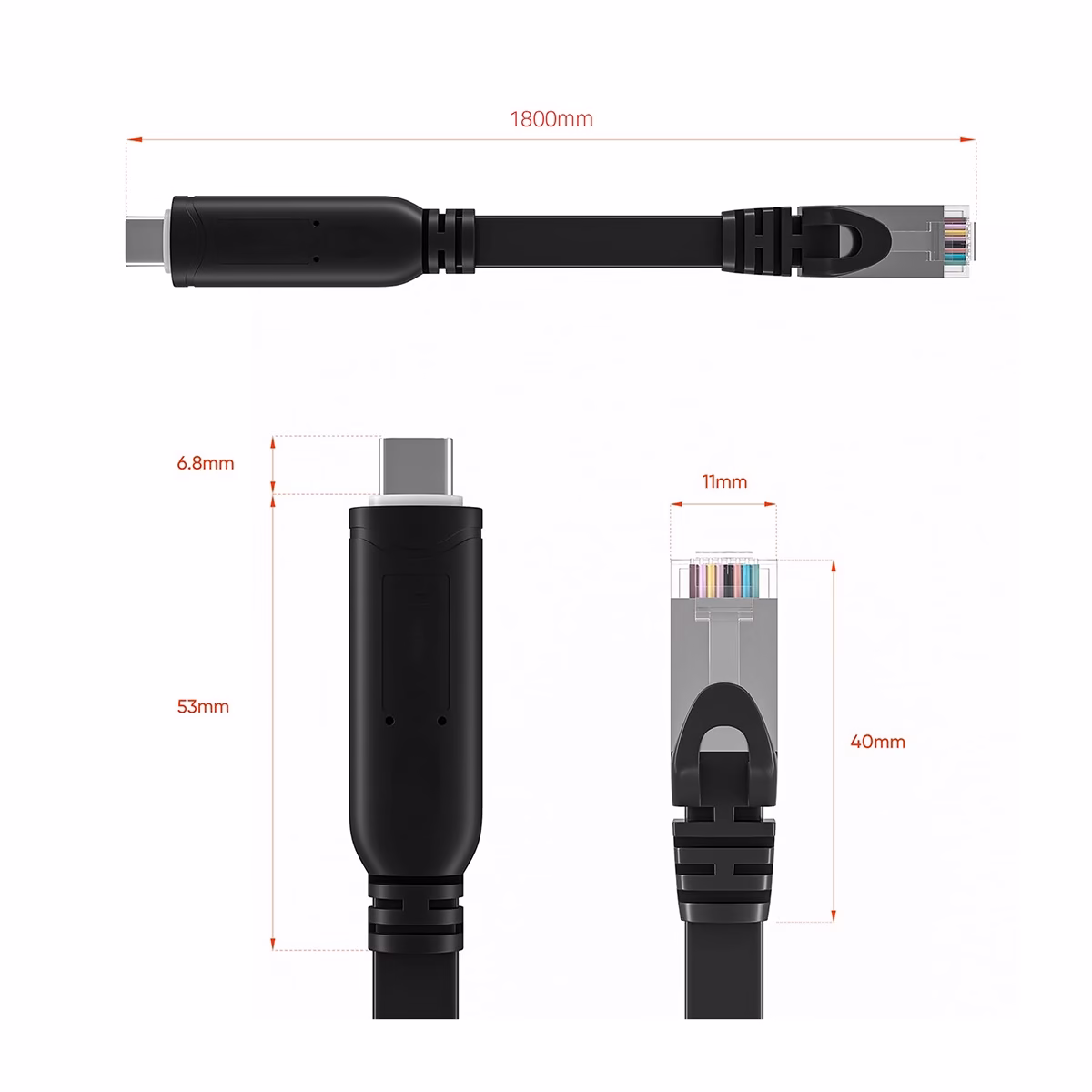 Cable Consola USB-C a RJ45 FTDI Netcom PE-US0361: La Herramienta Esencial para el Administrador de Redes, Cable de consola profesional Netcom PE-US0361, mostrando el conector USB-C en un extremo y el conector RJ45 en el otro, un producto esencial para redes de HD Multimedia PERU SAC.