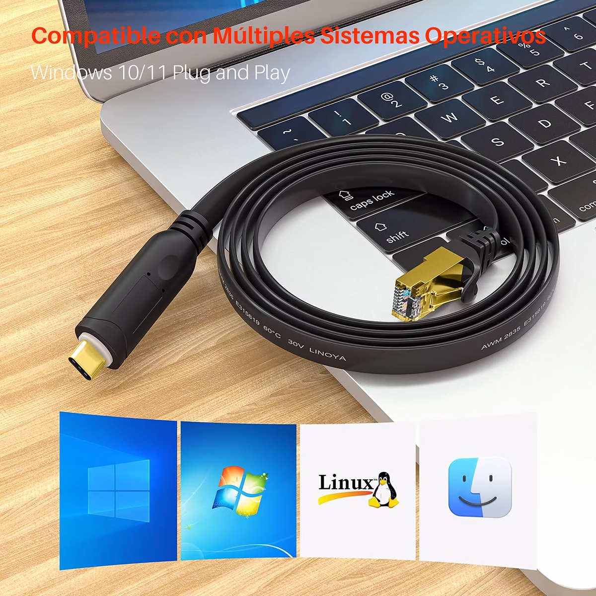 Cable Consola USB-C a RJ45 FTDI Netcom PE-US0361: La Herramienta Esencial para el Administrador de Redes, Cable de consola profesional Netcom PE-US0361, mostrando el conector USB-C en un extremo y el conector RJ45 en el otro, un producto esencial para redes de HD Multimedia PERU SAC.