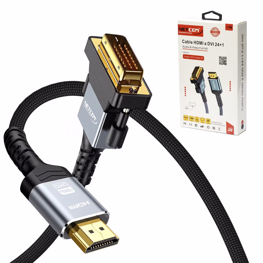 Cable DVI a HDMI Premium NETCOM PE DV   Metros Cable DVI a HDMI premium Netcom PE DV de  metros mostrando su resistente cable enmallado negro y sus conectores de aleación de aluminio y dorados un producto de HD Multimedia PERU SAC