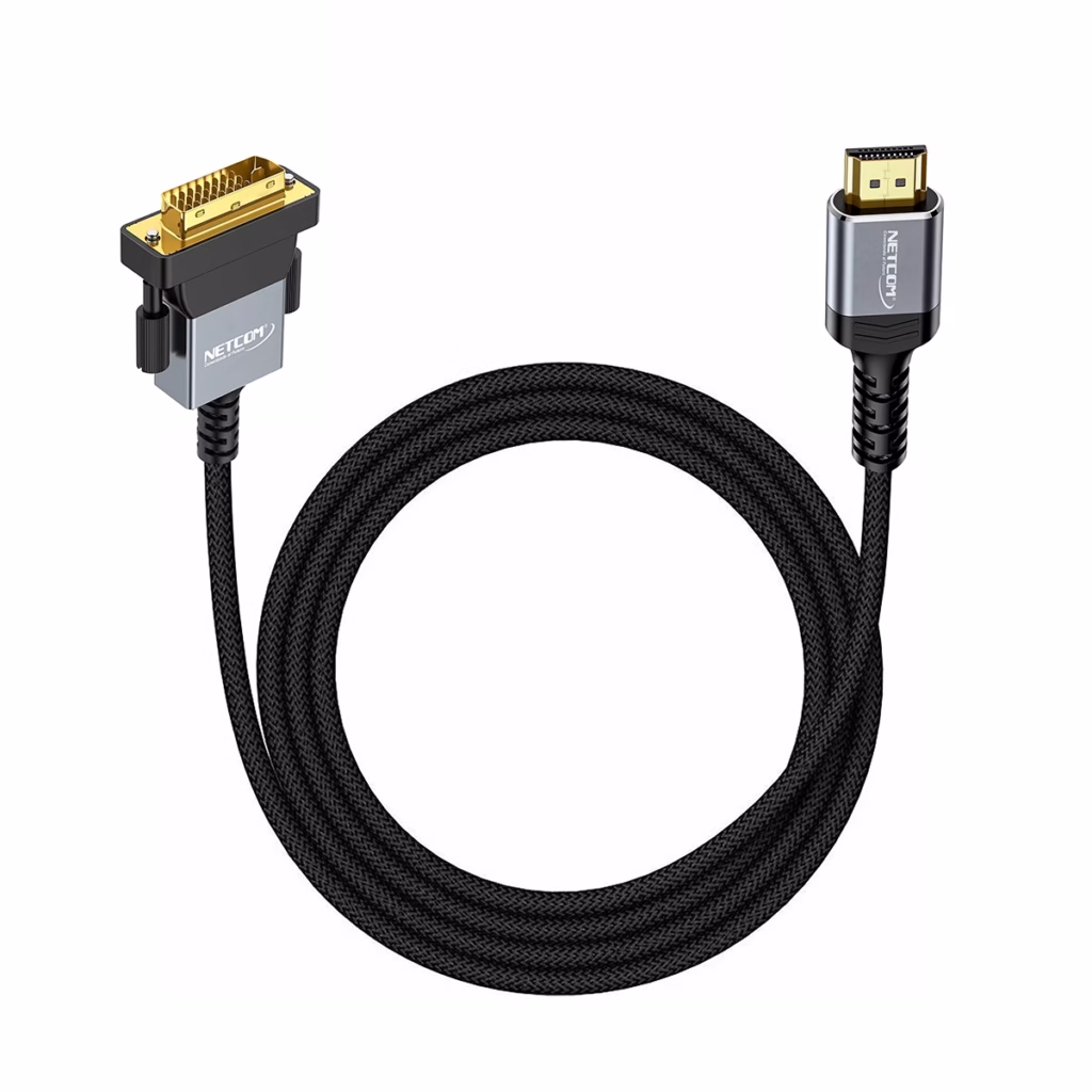 Cable DVI a HDMI Premium NETCOM PE DV   Metros Cable DVI a HDMI premium Netcom PE DV de  metros mostrando su resistente cable enmallado negro y sus conectores de aleación de aluminio y dorados un producto de HD Multimedia PERU SAC