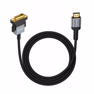 Cable DVI a HDMI Premium NETCOM PE-DV0855 – 1.8 Metros, Cable DVI a HDMI premium Netcom PE-DV0855 de 1.8 metros, mostrando su resistente cable enmallado negro y sus conectores de aleación de aluminio y dorados, un producto de HD Multimedia PERU SAC.