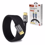 Cable DisplayPort 3MT 4K@60Hz Enmallado NETCOM PE-DP0193: Calidad y Alta Resolución, Cable DisplayPort premium de 3 metros Netcom PE-DP0193 enmallado y de color negro, mostrando sus conectores de aleación de aluminio con contactos dorados, un producto de HD Multimedia PERU SAC.