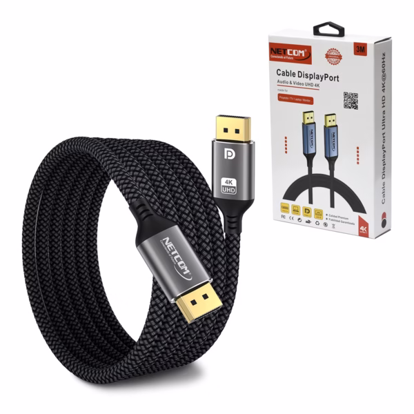 Cable DisplayPort 3MT 4K@60Hz Enmallado NETCOM PE-DP0193: Calidad y Alta Resolución, Cable DisplayPort premium de 3 metros Netcom PE-DP0193 enmallado y de color negro, mostrando sus conectores de aleación de aluminio con contactos dorados, un producto de HD Multimedia PERU SAC.
