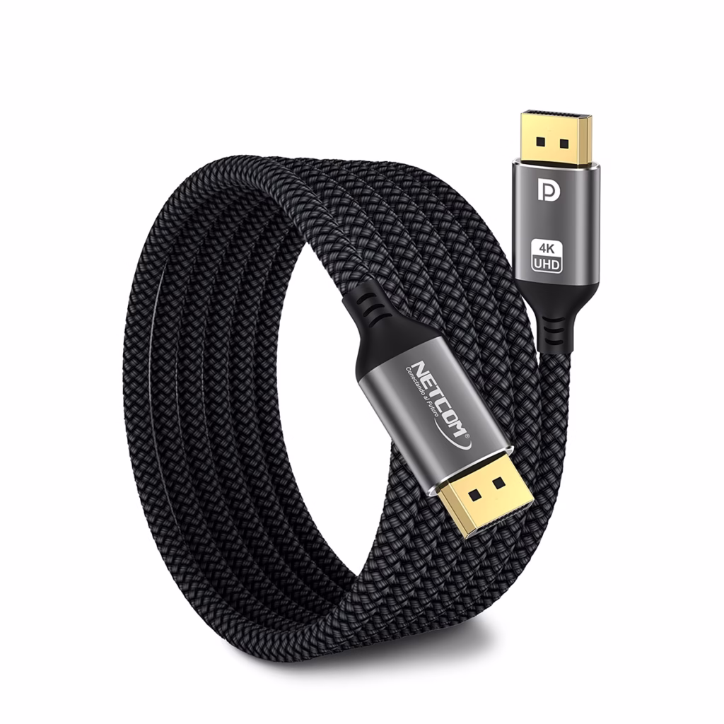 Cable DisplayPort MT KHz Enmallado NETCOM PE DP Calidad y Alta Resolución Cable DisplayPort premium de  metros Netcom PE DP enmallado y de color negro mostrando sus conectores de aleación de aluminio con contactos dorados un producto de HD Multimedia PERU SAC