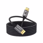 Cable DisplayPort 3MT 4K@60Hz Enmallado NETCOM PE-DP0193: Calidad y Alta Resolución, Cable DisplayPort premium de 3 metros Netcom PE-DP0193 enmallado y de color negro, mostrando sus conectores de aleación de aluminio con contactos dorados, un producto de HD Multimedia PERU SAC.
