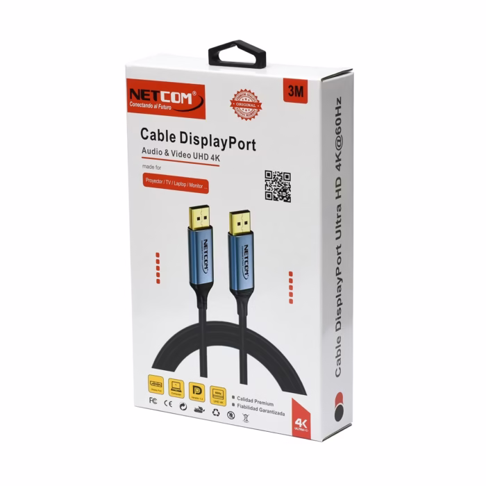 Cable DisplayPort MT KHz Enmallado NETCOM PE DP Calidad y Alta Resolución Cable DisplayPort premium de  metros Netcom PE DP enmallado y de color negro mostrando sus conectores de aleación de aluminio con contactos dorados un producto de HD Multimedia PERU SAC