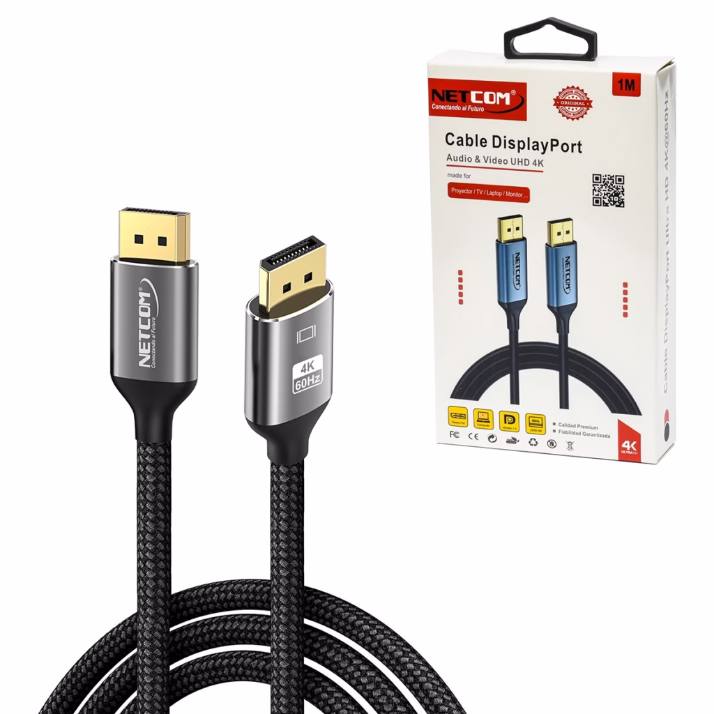 Cable DisplayPort K de  Metro NETCOM PE DP La Mejor Conexión Ultra HD Cable DisplayPort  de  metro Netcom PE DP enmallado y de color negro mostrando sus conectores premium de aleación de aluminio y contactos dorados un producto de HD Multimedia PERU SAC