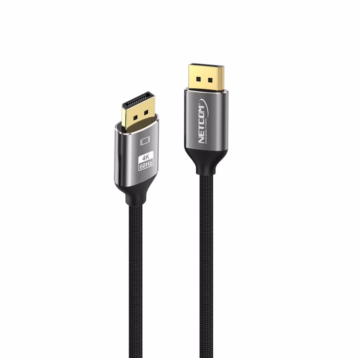 Cable DisplayPort K de  Metro NETCOM PE DP La Mejor Conexión Ultra HD Cable DisplayPort  de  metro Netcom PE DP enmallado y de color negro mostrando sus conectores premium de aleación de aluminio y contactos dorados un producto de HD Multimedia PERU SAC