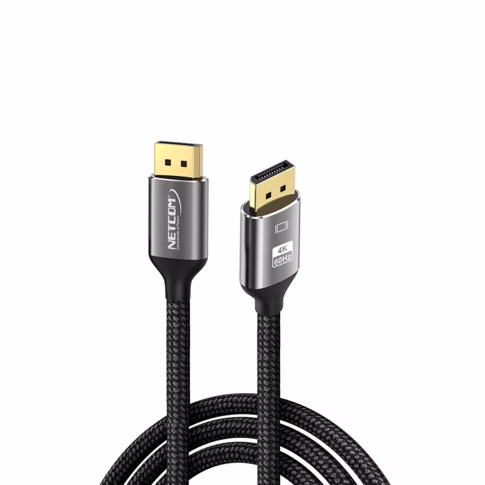Cable DisplayPort K de  Metro NETCOM PE DP La Mejor Conexión Ultra HD Cable DisplayPort  de  metro Netcom PE DP enmallado y de color negro mostrando sus conectores premium de aleación de aluminio y contactos dorados un producto de HD Multimedia PERU SAC