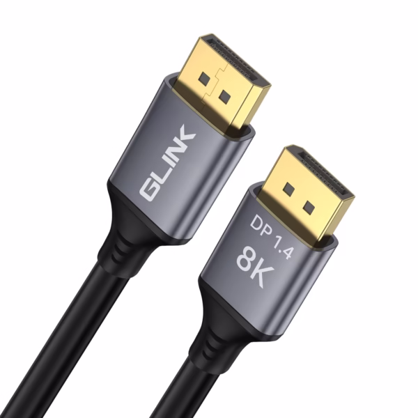 Cable DisplayPort 8K de 1.8MT Glink GL-404(1.8M) 25199: Desata el Máximo Rendimiento de tu Monitor, Cable DisplayPort 1.4 de alto rendimiento Glink GL-404 de 1.8 metros, mostrando sus conectores de aleación de aluminio y contactos dorados, un producto para gaming y 8K de HD Multimedia PERU SAC.