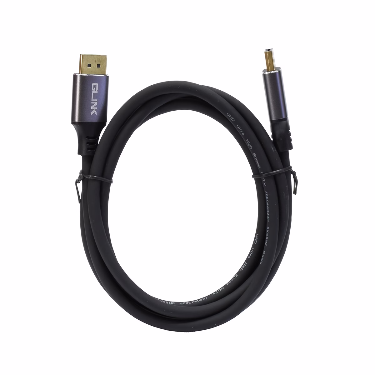 Cable DisplayPort 8K de 1.8MT Glink GL-404(1.8M) 25199: Desata el Máximo Rendimiento de tu Monitor, Cable DisplayPort 1.4 de alto rendimiento Glink GL-404 de 1.8 metros, mostrando sus conectores de aleación de aluminio y contactos dorados, un producto para gaming y 8K de HD Multimedia PERU SAC.