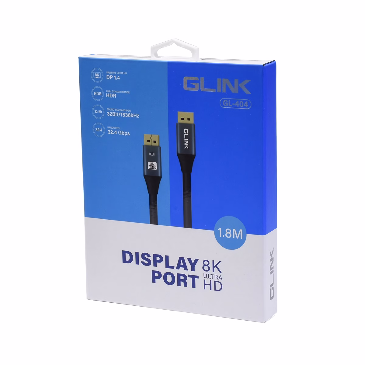 Cable DisplayPort 8K de 1.8MT Glink GL-404(1.8M) 25199: Desata el Máximo Rendimiento de tu Monitor, Cable DisplayPort 1.4 de alto rendimiento Glink GL-404 de 1.8 metros, mostrando sus conectores de aleación de aluminio y contactos dorados, un producto para gaming y 8K de HD Multimedia PERU SAC.