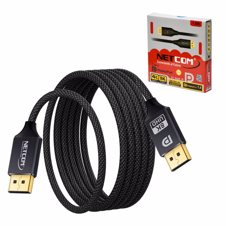 Cable DisplayPort 8K@60Hz 1.8M Enmallado NETCOM PE-DP0122: La Conexión Definitiva para Gaming y 8K, Cable DisplayPort 1.4 premium Netcom PE-DP0122 enmallado, mostrando sus conectores de aluminio dorados, un producto certificado VESA® para gaming y 8K de HD Multimedia PERU SAC.