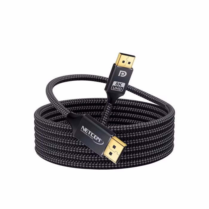 Cable DisplayPort KHz M Enmallado NETCOM PE DP La Conexión Definitiva para Gaming y K Cable DisplayPort  premium Netcom PE DP enmallado mostrando sus conectores de aluminio dorados un producto certificado VESA® para gaming y K de HD Multimedia PERU SAC