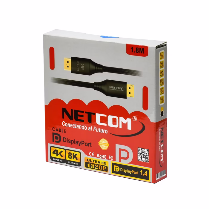 Cable DisplayPort KHz M Enmallado NETCOM PE DP La Conexión Definitiva para Gaming y K Cable DisplayPort  premium Netcom PE DP enmallado mostrando sus conectores de aluminio dorados un producto certificado VESA® para gaming y K de HD Multimedia PERU SAC