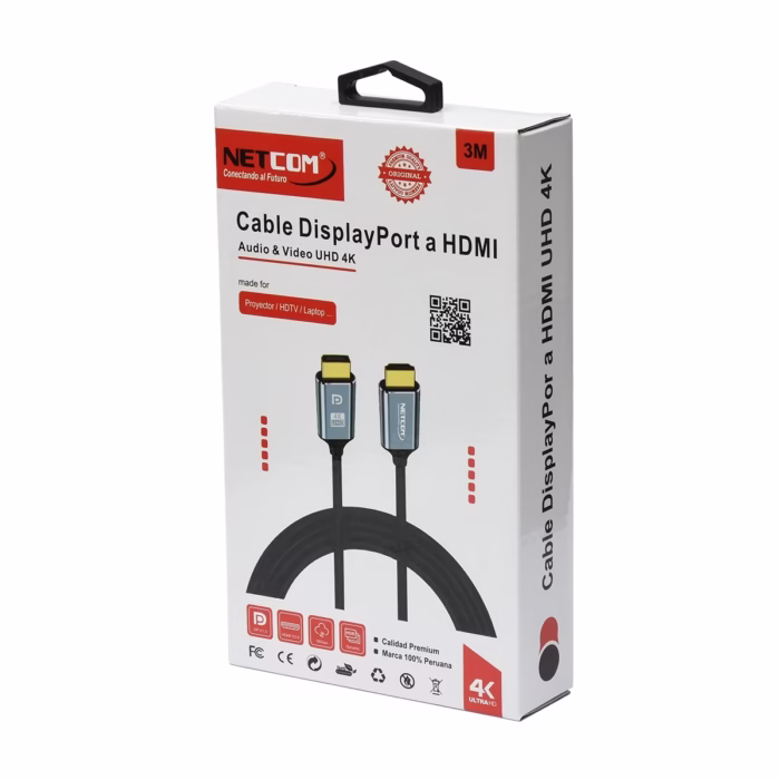 Cable DisplayPort a HDMI K de MT Enmallado NETCOM PE DH Conecta tu PC a tu TV sin Límites Cable premium DisplayPort a HDMI Netcom PE DH de  metros enmallado en nylon mostrando sus conectores de aleación de aluminio y contactos dorados producto de HD Multimedia PERU SAC