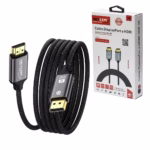 Cable DisplayPort a HDMI 4K de 3MT Enmallado NETCOM PE-DH0103: Conecta tu PC a tu TV sin Límites, Cable premium DisplayPort a HDMI Netcom PE-DH0103 de 3 metros, enmallado en nylon, mostrando sus conectores de aleación de aluminio y contactos dorados, producto de HD Multimedia PERU SAC.