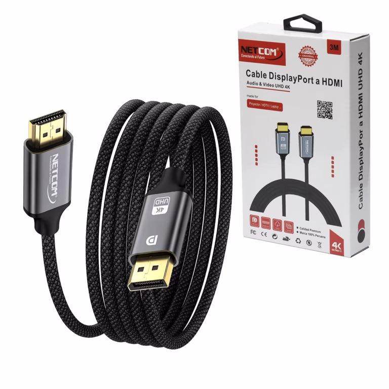 Cable DisplayPort a HDMI 4K de 3MT Enmallado NETCOM PE-DH0103: Conecta tu PC a tu TV sin Límites, Cable premium DisplayPort a HDMI Netcom PE-DH0103 de 3 metros, enmallado en nylon, mostrando sus conectores de aleación de aluminio y contactos dorados, producto de HD Multimedia PERU SAC.