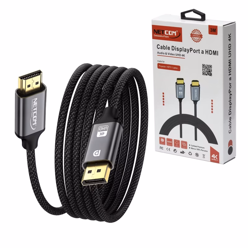 Cable DisplayPort a HDMI K de MT Enmallado NETCOM PE DH Conecta tu PC a tu TV sin Límites