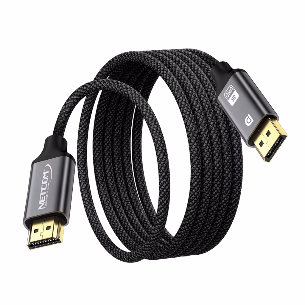 Cable DisplayPort a HDMI K de MT Enmallado NETCOM PE DH Conecta tu PC a tu TV sin Límites Cable premium DisplayPort a HDMI Netcom PE DH de  metros enmallado en nylon mostrando sus conectores de aleación de aluminio y contactos dorados producto de HD Multimedia PERU SAC