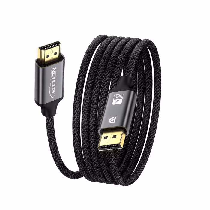 Cable DisplayPort a HDMI K de MT Enmallado NETCOM PE DH Conecta tu PC a tu TV sin Límites Cable premium DisplayPort a HDMI Netcom PE DH de  metros enmallado en nylon mostrando sus conectores de aleación de aluminio y contactos dorados producto de HD Multimedia PERU SAC