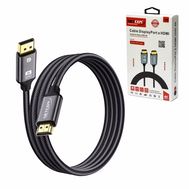 Cable DisplayPort a HDMI 4K@60Hz 1.8MT Enmallado NETCOM PE-DH0102: La Conexión Perfecta entre tu PC y TV, Cable premium DisplayPort a HDMI Netcom PE-DH0102 de 1.8 metros, enmallado en nylon, mostrando sus conectores de aleación de aluminio y contactos dorados, producto de HD Multimedia PERU SAC.