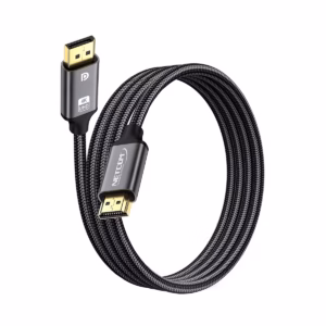 Cable DisplayPort a HDMI 4K@60Hz 1.8MT Enmallado NETCOM PE-DH0102: La Conexión Perfecta entre tu PC y TV, Cable premium DisplayPort a HDMI Netcom PE-DH0102 de 1.8 metros, enmallado en nylon, mostrando sus conectores de aleación de aluminio y contactos dorados, producto de HD Multimedia PERU SAC.