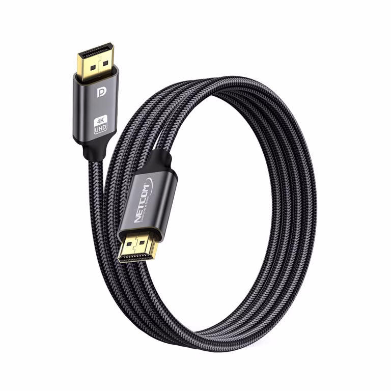 Cable DisplayPort a HDMI 4K@60Hz 1.8MT Enmallado NETCOM PE-DH0102: La Conexión Perfecta entre tu PC y TV, Cable premium DisplayPort a HDMI Netcom PE-DH0102 de 1.8 metros, enmallado en nylon, mostrando sus conectores de aleación de aluminio y contactos dorados, producto de HD Multimedia PERU SAC.