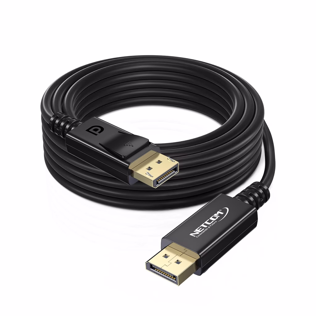 Cable DisplayPort a HDMI MT KHz NETCOM PE DP M | HD Multimedia PERU SAC Cable DisplayPort a HDMI premium de  metros Netcom PE DP M mostrando sus conectores dorados y su resistente cable de color negro producto de HD Multimedia PERU SAC