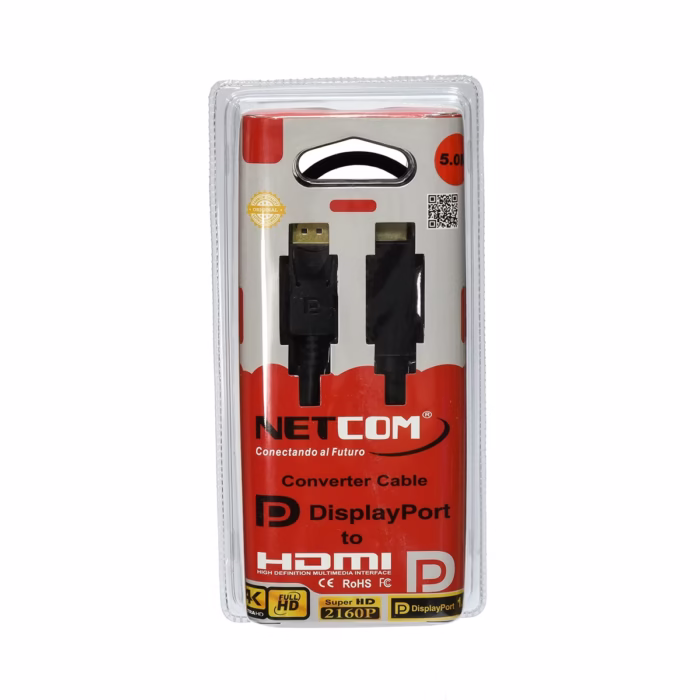 Cable DisplayPort a HDMI MT KHz NETCOM PE DP M | HD Multimedia PERU SAC Cable DisplayPort a HDMI premium de  metros Netcom PE DP M mostrando sus conectores dorados y su resistente cable de color negro producto de HD Multimedia PERU SAC