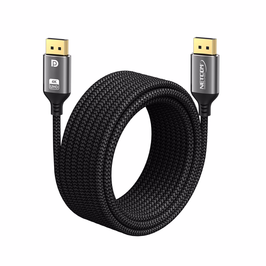Cable DisplayPort de MT Enmallado KHz NETCOM PE DP El Cable Ideal para tus Proyectos Cable DisplayPort premium de  metros Netcom PE DP enmallado y de color negro mostrando sus conectores de aleación de aluminio con contactos dorados un producto de HD Multimedia PERU SAC