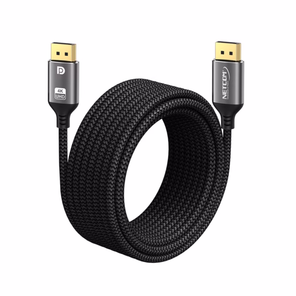 Cable DisplayPort de 5MT Enmallado 4K@60Hz NETCOM PE-DP0194: El Cable Ideal para tus Proyectos, Cable DisplayPort premium de 5 metros Netcom PE-DP0194 enmallado y de color negro, mostrando sus conectores de aleación de aluminio con contactos dorados, un producto de HD Multimedia PERU SAC.