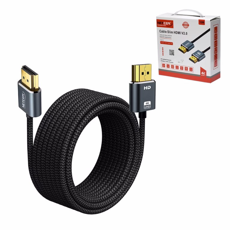 Cable HDMI 10MT 4K Slim Enmallado Ultra HD 4K@60HZ v2.0 NETCOM PE-HD0886: La Conexión Discreta y Resistente para Largas Distancias, Cable HDMI 4K ultra delgado y enmallado de 10 metros Netcom PE-HD0886, mostrando sus conectores premium de aleación de aluminio y contactos dorados, un producto de HD Multimedia PERU SAC.