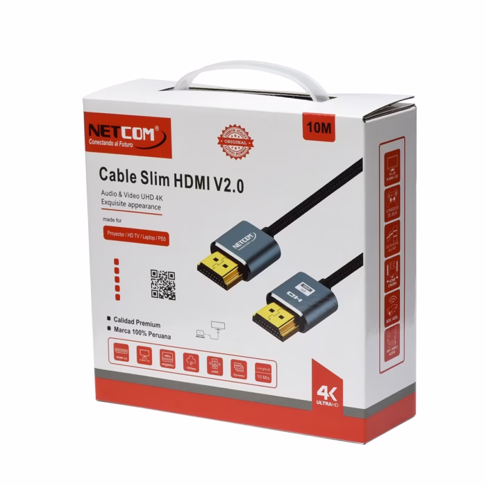 Cable HDMI MT K Slim Enmallado Ultra HD KHZ v NETCOM PE HD La Conexión Discreta y Resistente para Largas Distancias Cable HDMI K ultra delgado y enmallado de  metros Netcom PE HD mostrando sus conectores premium de aleación de aluminio y contactos dorados un producto de HD Multimedia PERU SAC