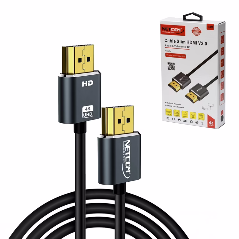 Cable HDMI 4K Slim 1.8M Ultra HD 4K@60HZ v2.0 NETCOM PE-HD0892: La Conexión 4K que lo Tiene Todo, Cable HDMI 4K ultra delgado Netcom PE-HD0892 de 1.8 metros, de color negro, mostrando sus conectores premium de aleación de aluminio y contactos dorados, producto de HD Multimedia PERU SAC.