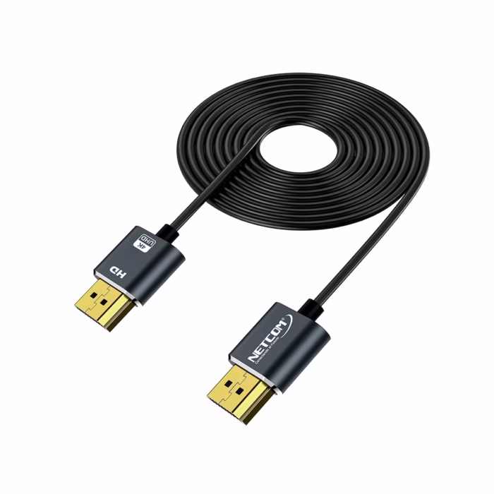 Cable HDMI K Slim M Ultra HD KHZ v NETCOM PE HD La Conexión K que lo Tiene Todo Cable HDMI K ultra delgado Netcom PE HD de  metros de color negro mostrando sus conectores premium de aleación de aluminio y contactos dorados producto de HD Multimedia PERU SAC