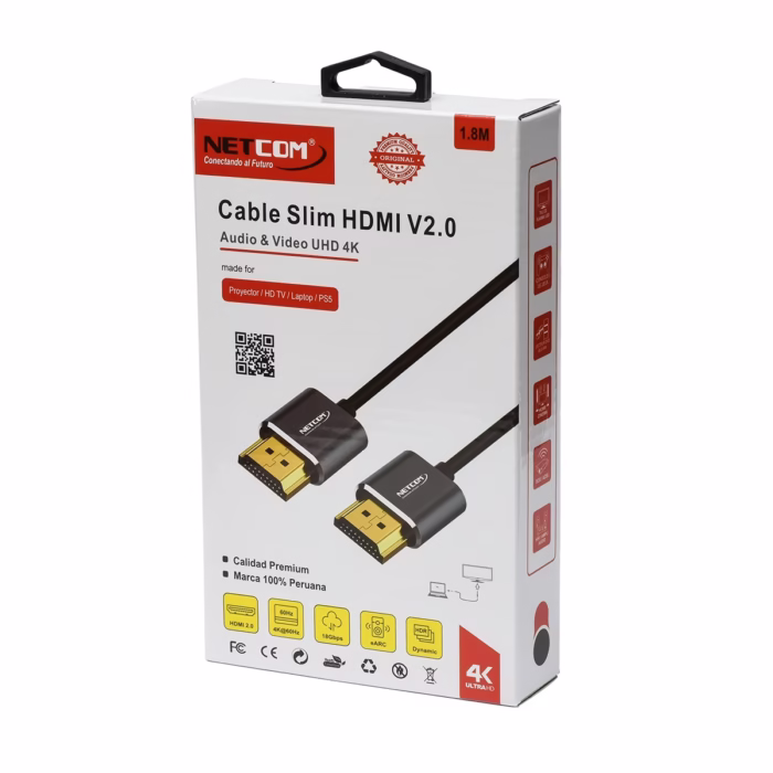 Cable HDMI K Slim M Ultra HD KHZ v NETCOM PE HD La Conexión K que lo Tiene Todo Cable HDMI K ultra delgado Netcom PE HD de  metros de color negro mostrando sus conectores premium de aleación de aluminio y contactos dorados producto de HD Multimedia PERU SAC