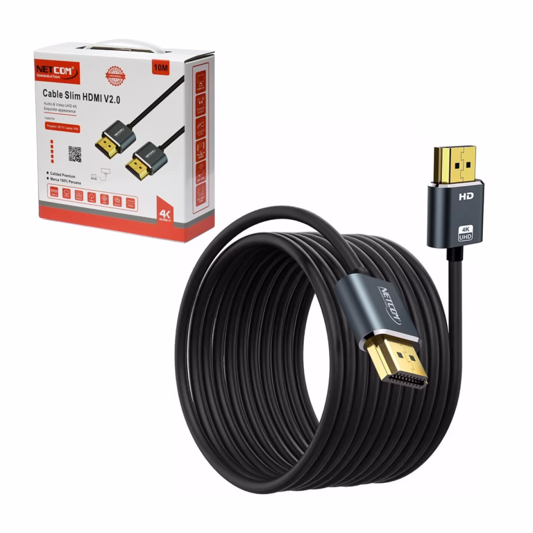 Cable HDMI 4K Slim 10MT Ultra HD 4K@60HZ v2.0 NETCOM PE-HD0896: La Conexión Discreta para Largas Distancias, Cable HDMI 4K ultra delgado y enmallado de 10 metros Netcom PE-HD0896, mostrando sus conectores premium de aluminio, un producto de HD Multimedia PERU SAC.