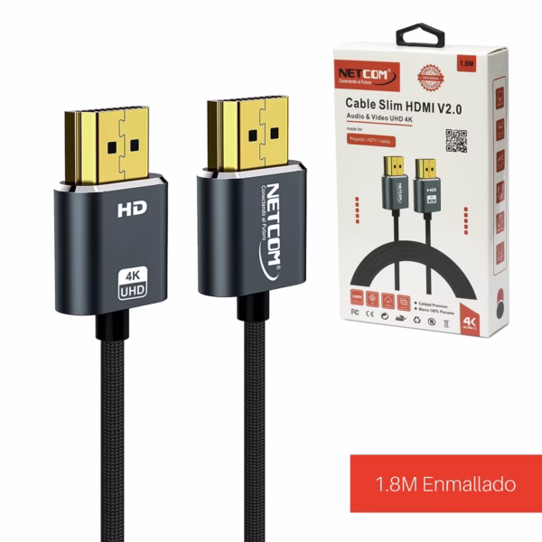 Cable HDMI 4K Slim Enmallado 1.8M Ultra HD 4K@60HZ v2.0 NETCOM PE-HD0882: Resistencia y Durabilidad