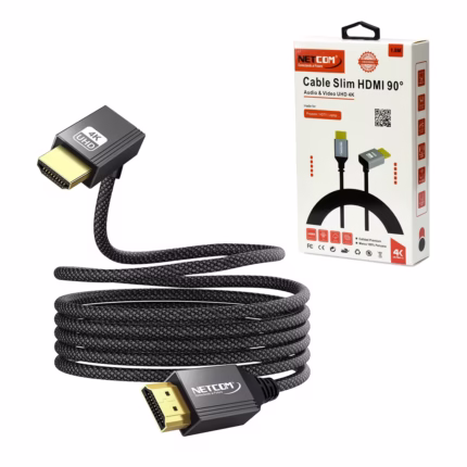 Cable HDMI 4K Slim 90 Grados 1.8M Ultra HD 4K@60Hz v2.0 NETCOM PE-HD0112: La Solución Perfecta para tu TV en la Pared, Cable HDMI 4K de 1.8m slim y enmallado Netcom PE-HD0112, destacando el conector en ángulo de 90 grados, un producto ideal para televisores montados en la pared de HD Multimedia PERU SAC.