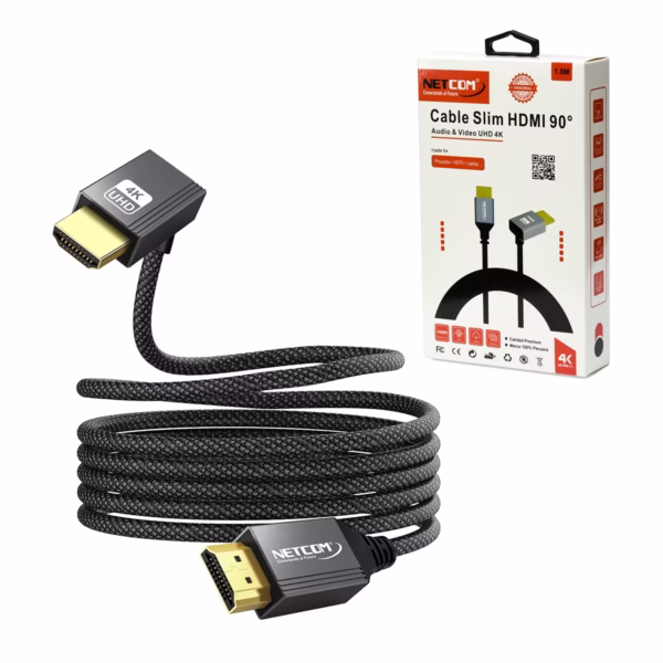 Cable HDMI 4K Slim 90 Grados 1.8M Ultra HD 4K@60Hz v2.0 NETCOM PE-HD0112: La Solución Perfecta para tu TV en la Pared, Cable HDMI 4K de 1.8m slim y enmallado Netcom PE-HD0112, destacando el conector en ángulo de 90 grados, un producto ideal para televisores montados en la pared de HD Multimedia PERU SAC.