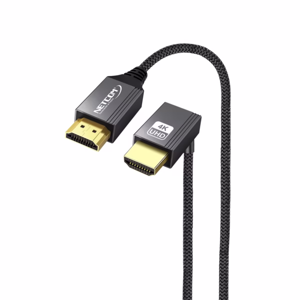 Cable HDMI 4K Slim 90 Grados 1.8M Ultra HD 4K@60Hz v2.0 NETCOM PE-HD0112: La Solución Perfecta para tu TV en la Pared, Cable HDMI 4K de 1.8m slim y enmallado Netcom PE-HD0112, destacando el conector en ángulo de 90 grados, un producto ideal para televisores montados en la pared de HD Multimedia PERU SAC.