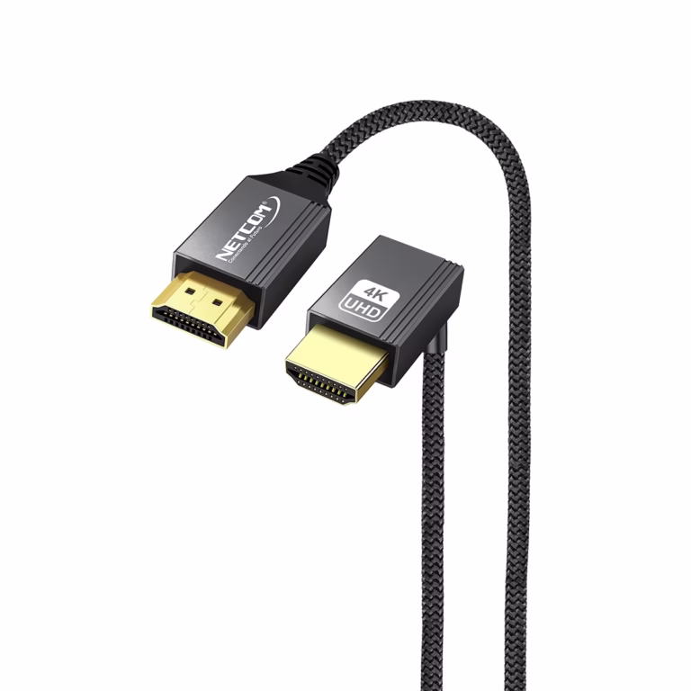 Cable HDMI 4K Slim 90 Grados 1.8M Ultra HD 4K@60Hz v2.0 NETCOM PE-HD0112: La Solución Perfecta para tu TV en la Pared, Cable HDMI 4K de 1.8m slim y enmallado Netcom PE-HD0112, destacando el conector en ángulo de 90 grados, un producto ideal para televisores montados en la pared de HD Multimedia PERU SAC.