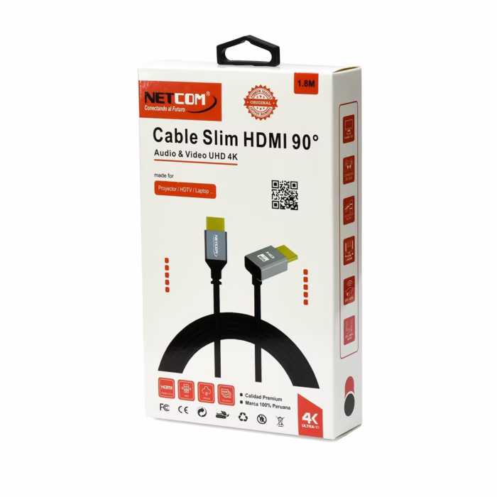 Cable HDMI K Slim  Grados M Ultra HD KHz v NETCOM PE HD La Solución Perfecta para tu TV en la Pared Cable HDMI K de m slim y enmallado Netcom PE HD destacando el conector en ángulo de  grados un producto ideal para televisores montados en la pared de HD Multimedia PERU SAC