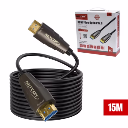 Cable HDMI de 15 Metros en Fibra Optica v2.0 4K@60Hz NETCOM PE-HF0015: Lleva tu Señal 4K sin Pérdidas, Cable HDMI de fibra óptica Netcom PE-HF0015 de 15 metros, delgado y de color negro, mostrando sus conectores metálicos dorados con etiquetas "Source" y "Display", producto de HD Multimedia PERU SAC.