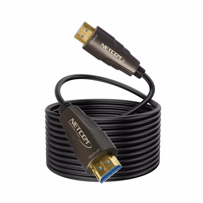 Cable HDMI de  Metros en Fibra Optica NETCOM PE HF v KHz Lleva tu Señal K sin Pérdidas  Cable HDMI de  Metros en Fibra Optica v KHz NETCOM PE HF Lleva tu Señal K sin Pérdidas Cable HDMI de fibra óptica Netcom PE HF de  metros delgado y de color negro mostrando sus conectores metálicos dorados con etiquetas Source y Display producto de HD Multimedia PERU SAC  HD Multimedia PERU SAC