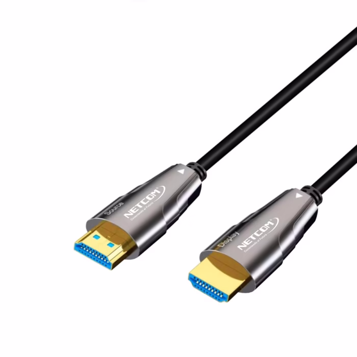Cable HDMI de  Metros en Fibra Optica NETCOM PE HF v KHz Lleva tu Señal K sin Pérdidas  Cable HDMI de  Metros en Fibra Optica v KHz NETCOM PE HF Lleva tu Señal K sin Pérdidas Cable HDMI de fibra óptica Netcom PE HF de  metros delgado y de color negro mostrando sus conectores metálicos dorados con etiquetas Source y Display producto de HD Multimedia PERU SAC  HD Multimedia PERU SAC