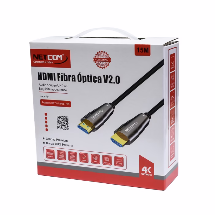 Cable HDMI de  Metros en Fibra Optica NETCOM PE HF v KHz Lleva tu Señal K sin Pérdidas  Cable HDMI de  Metros en Fibra Optica v KHz NETCOM PE HF Lleva tu Señal K sin Pérdidas Cable HDMI de fibra óptica Netcom PE HF de  metros delgado y de color negro mostrando sus conectores metálicos dorados con etiquetas Source y Display producto de HD Multimedia PERU SAC  HD Multimedia PERU SAC